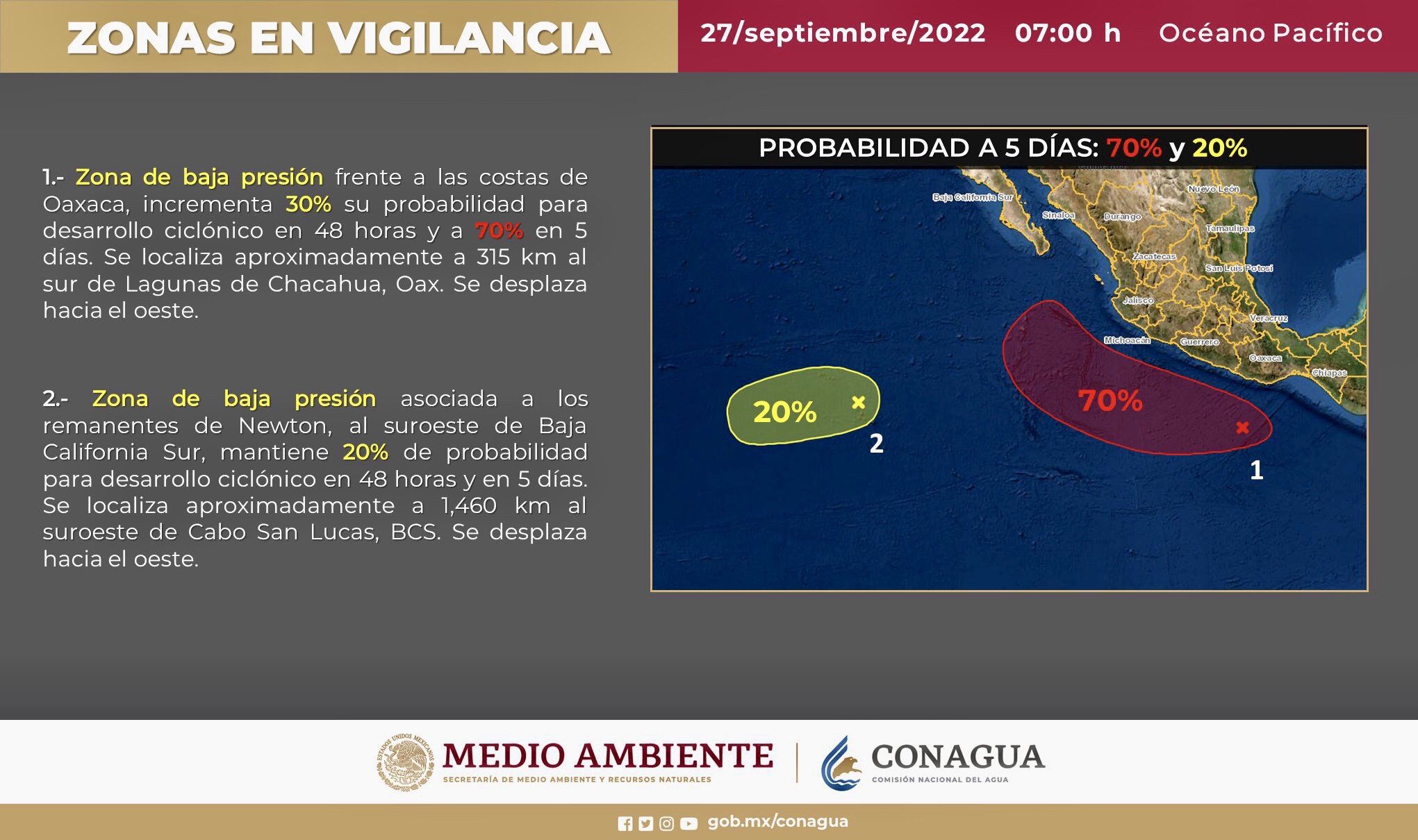 El #SMNmx mantiene en vigilancia dos zonas de Baja Presión con probabilidad para desarrollo ciclónico